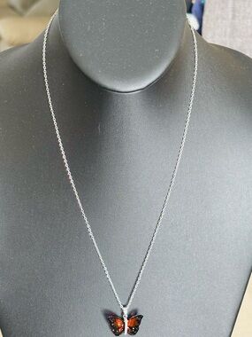 Butterfly ReversiblePendant Necklace - Silver Chain with Amber-Red Enamel-NWOT
